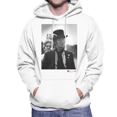 John Lennon With Feather Hat B&W White Hooded Sweatshirt